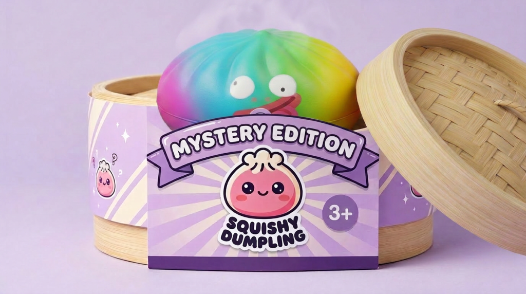 Rainbow Mystery Dumpling Squishy Arcoíris en su cesta de vapor de bambú
