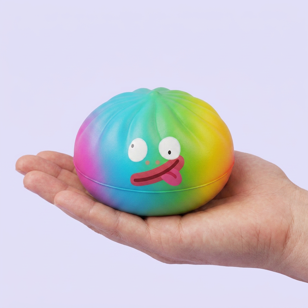 Rainbow Mystery Dumpling Squishy Arcoíris en la mano, tamaño real