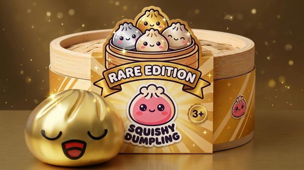 Rare Dumpling Squishy Dorado Tesoro en un ambiente de escritorio