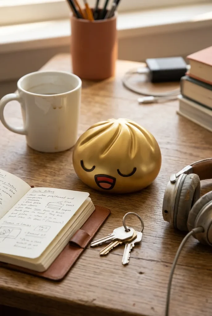 Rare Dumpling Squishy Dorado Tesoro en un escritorio