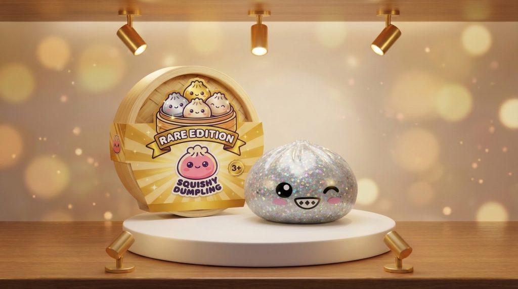 Rare Dumpling Squishy Plata Brillante en un ambiente de escritorio