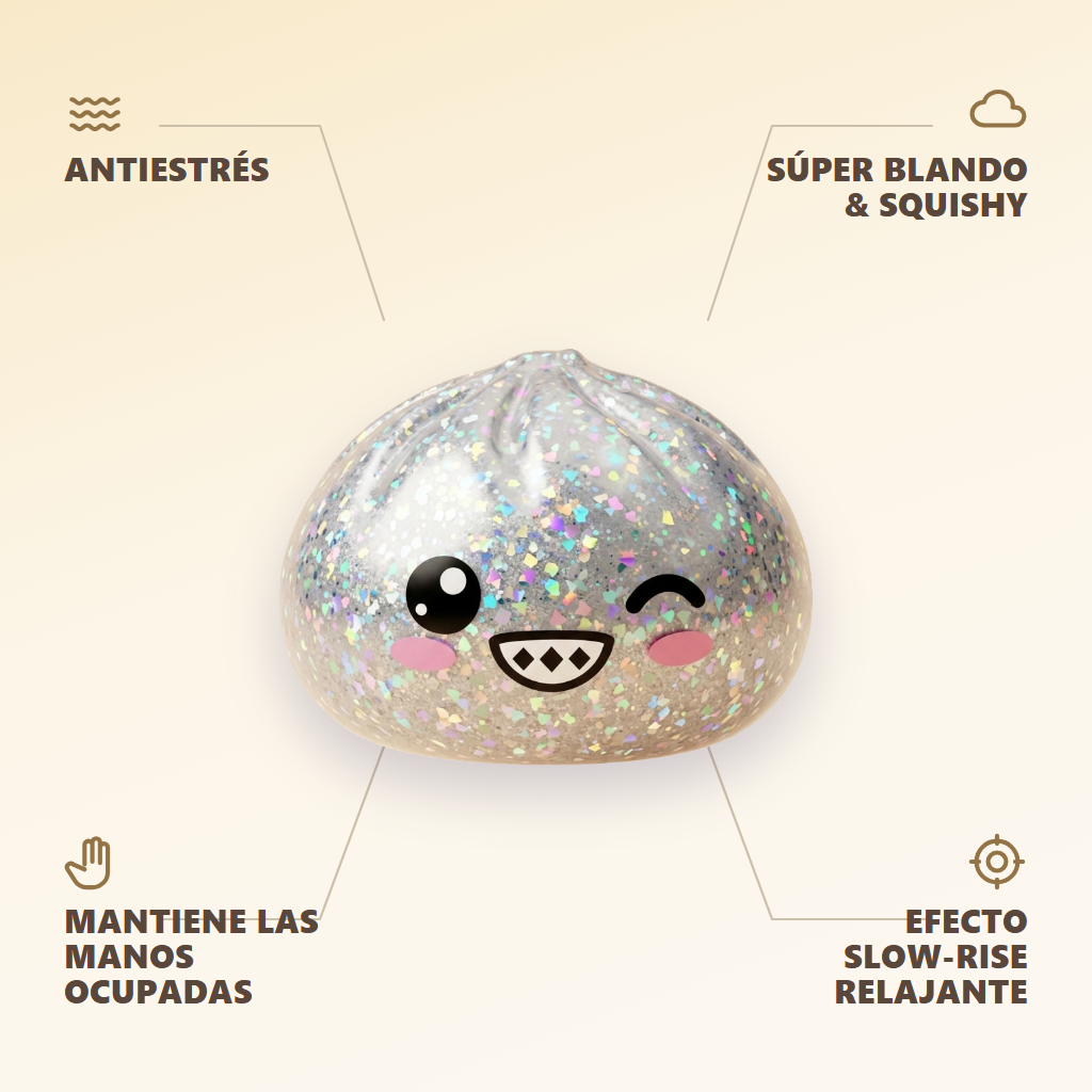 Rare Dumpling Squishy Plata Brillante — antiestrés, ultra blando, efecto slow-rise