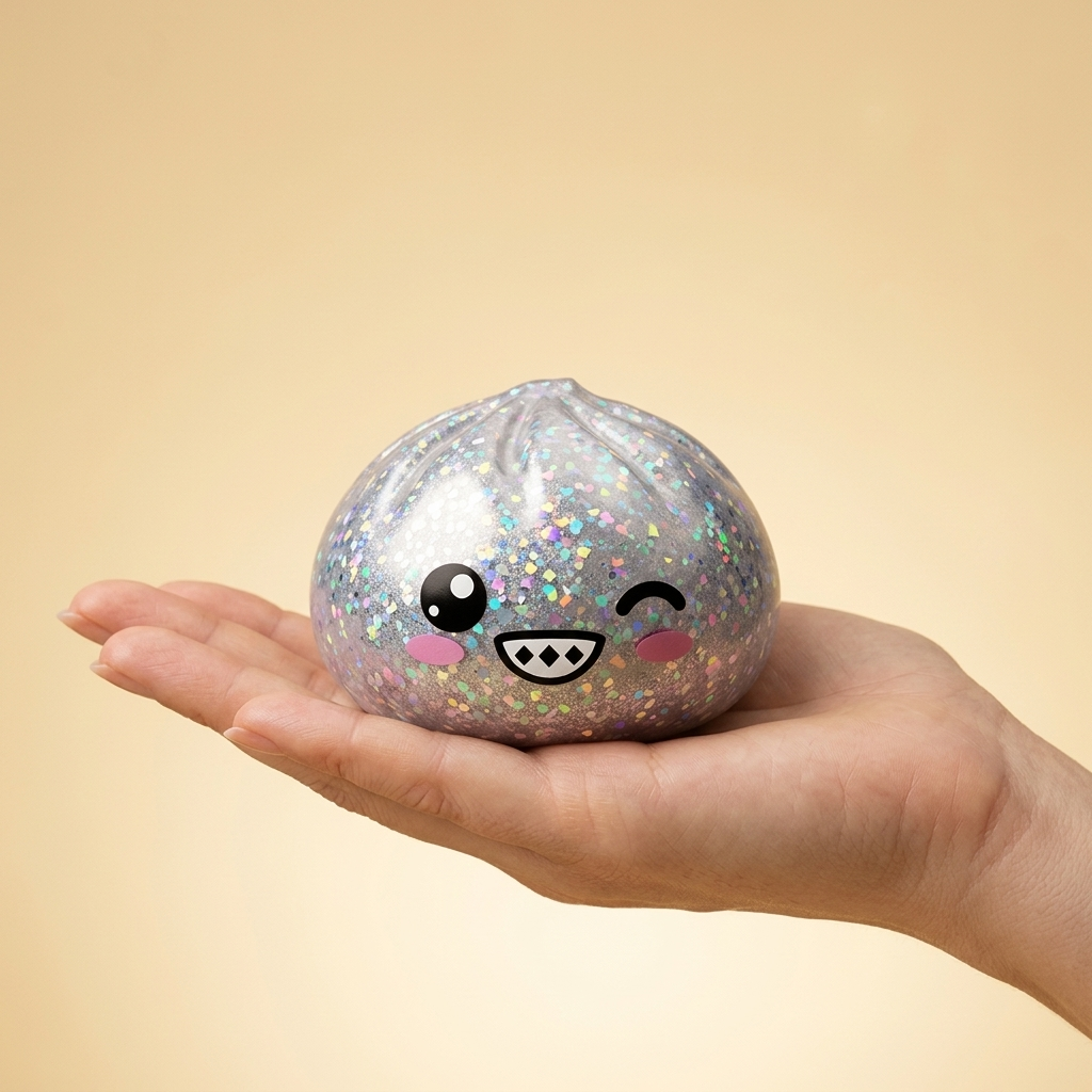 Rare Dumpling Squishy Plata Brillante en la mano, tamaño real