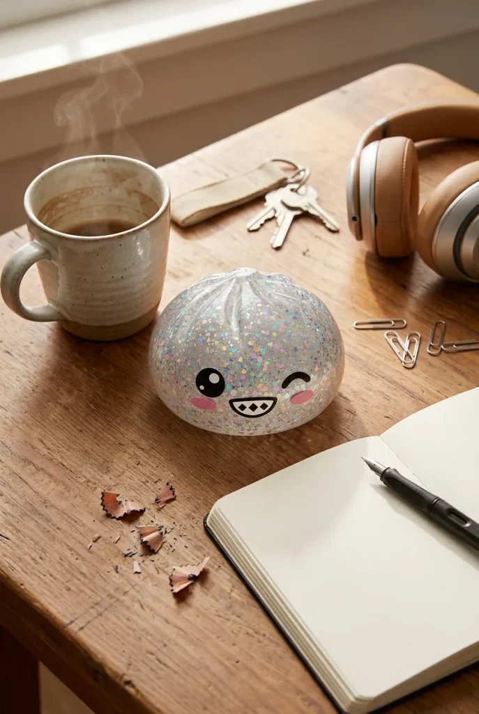 Rare Dumpling Squishy Plata Brillante en un escritorio