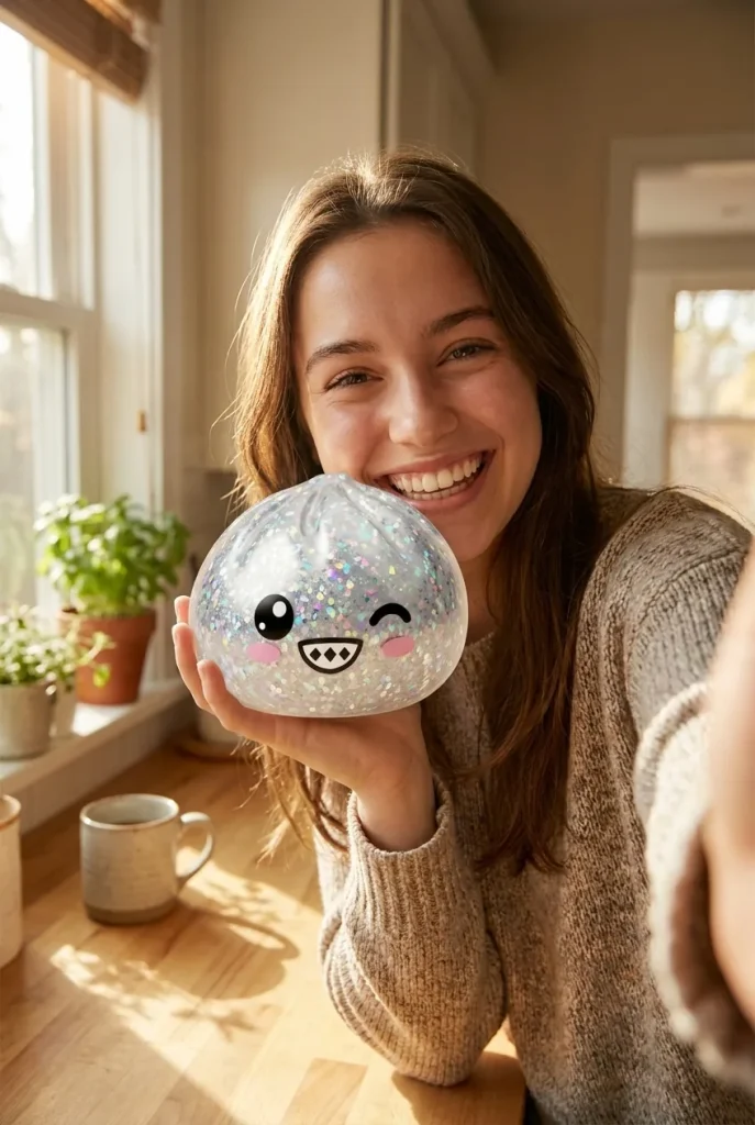 Rare Dumpling Squishy Plata Brillante cerca de la cara