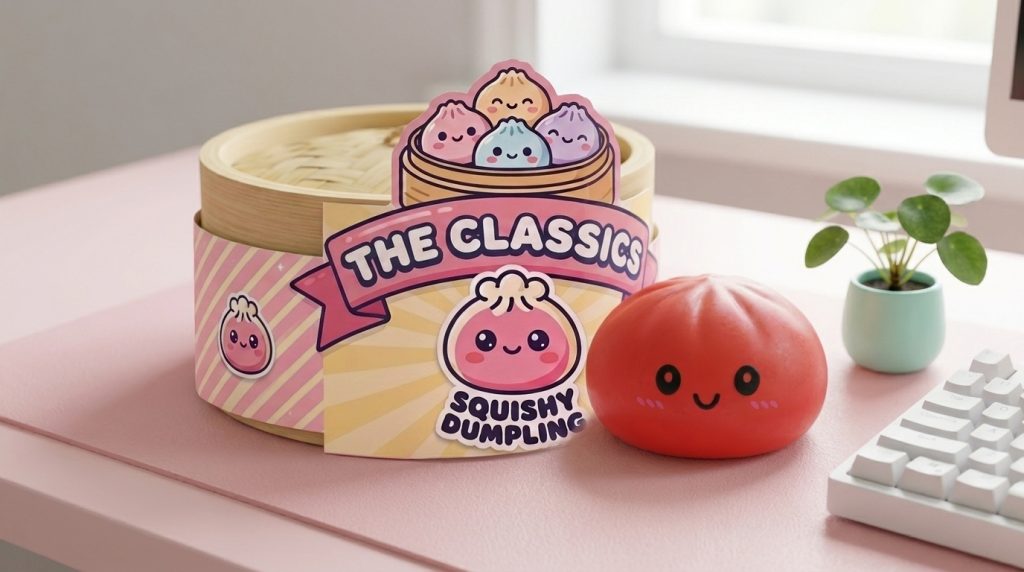 Dumpling Squishy Rojo Cereza en un ambiente de escritorio