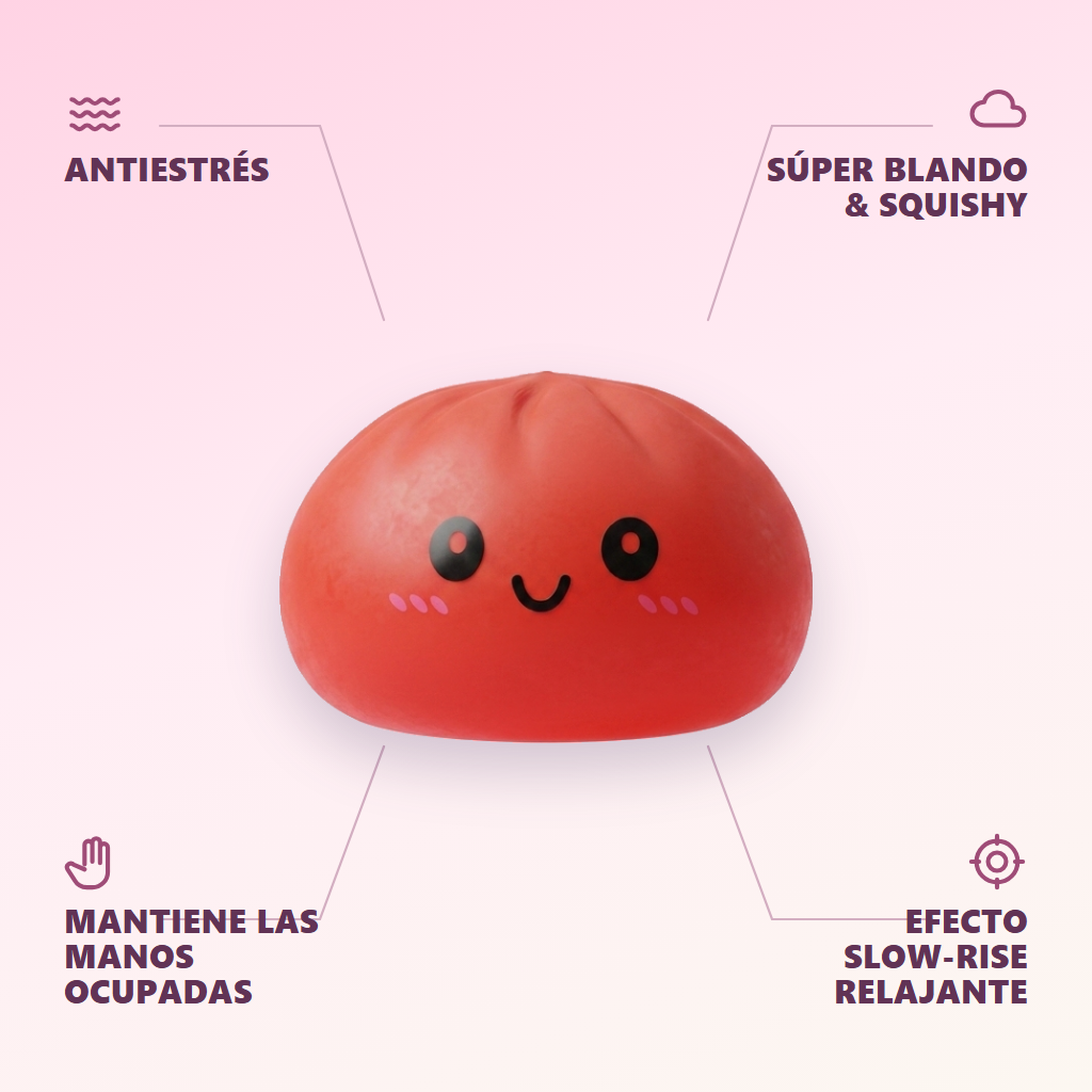 Dumpling Squishy Rojo Cereza — antiestrés, ultra blando, efecto slow-rise
