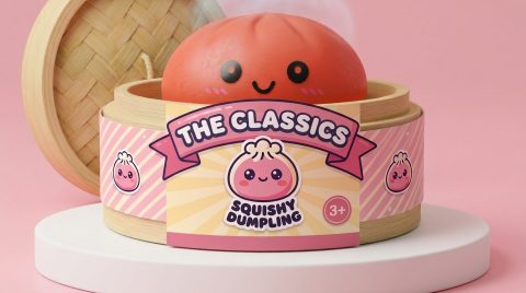 Dumpling Squishy Rojo Cereza en su cesta de vapor de bambú