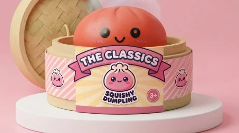 Dumpling Squishy Rojo Cereza en su cesta de vapor de bambú