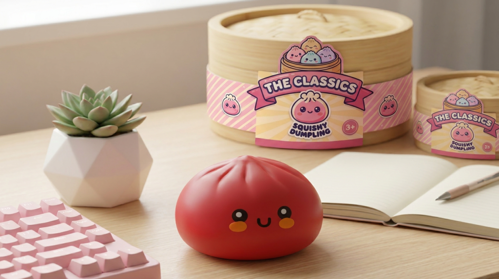 Dumpling Squishy Rojo con Cesta de Bambú en un ambiente de escritorio