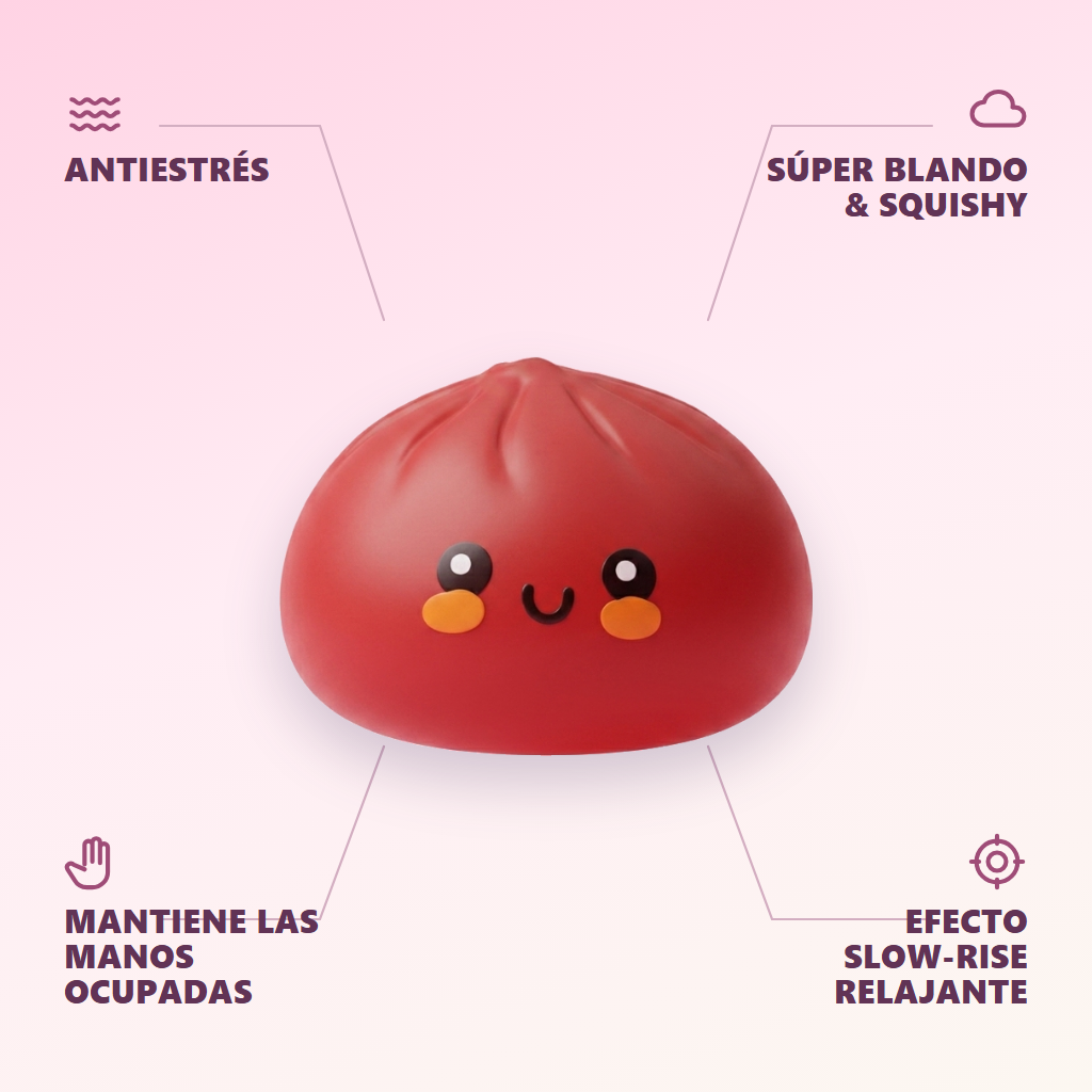 Dumpling Squishy Rojo con Cesta de Bambú — antiestrés, ultra blando, efecto slow-rise
