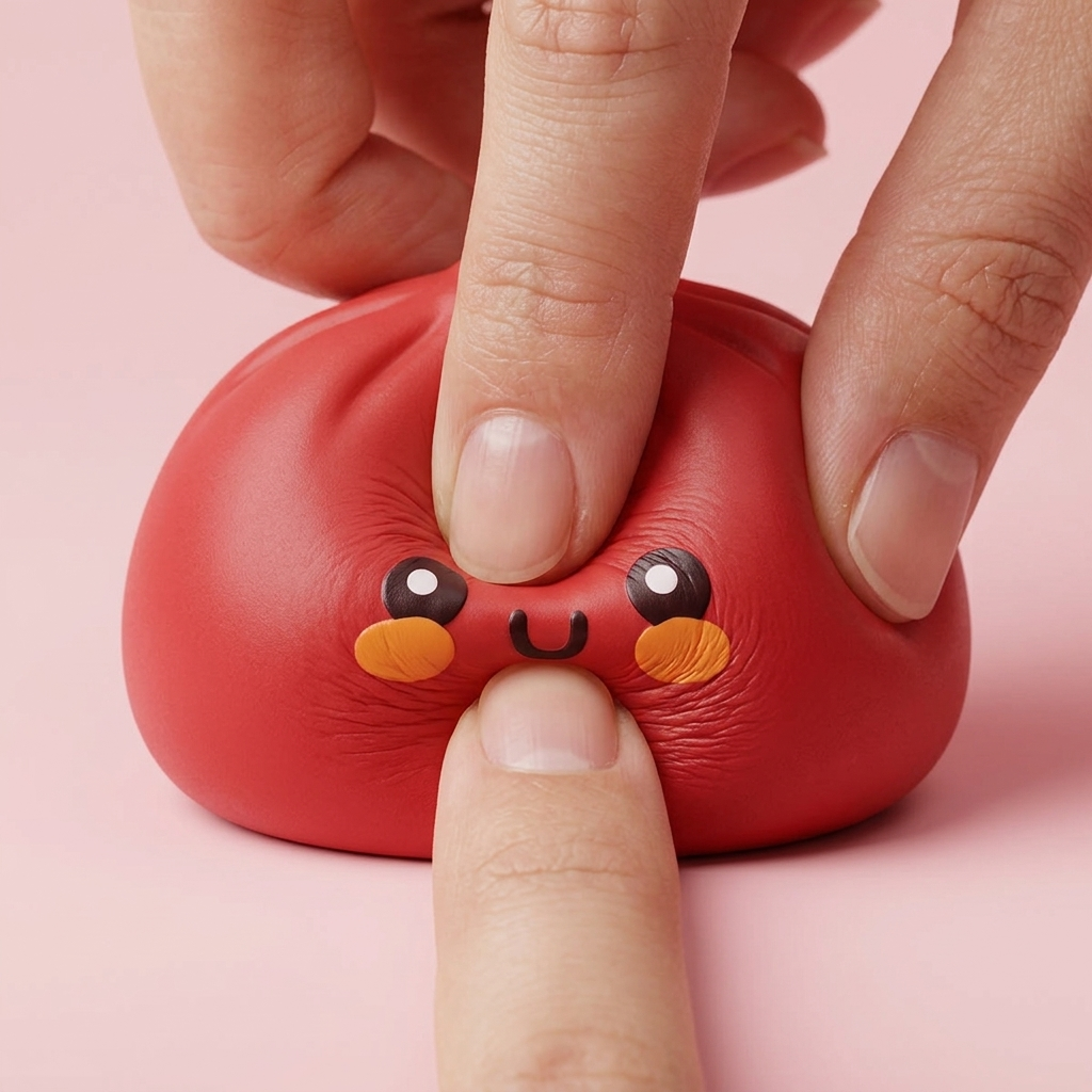 Dumpling Squishy Rojo con Cesta de Bambú — efecto slow-rise, la espuma recupera su forma