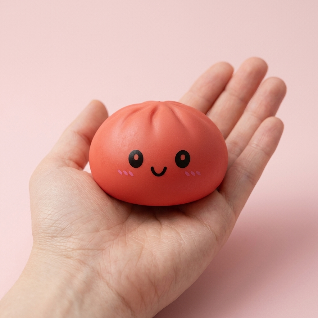 Dumpling Squishy Rojo Cereza en la mano, tamaño real