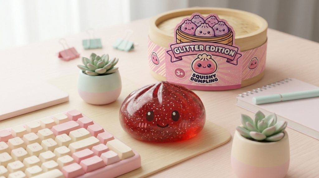 Glitter Dumpling Squishy Rojo Suerte en un ambiente de escritorio
