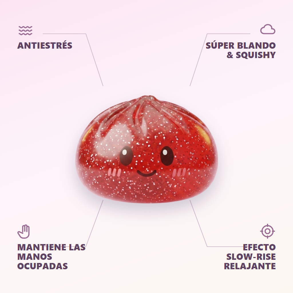 Glitter Dumpling Squishy Rojo Suerte — antiestrés, ultra blando, efecto slow-rise