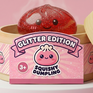 Glitter Dumpling Squishy Rojo Suerte en su cesta de vapor de bambú