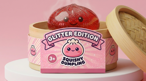 Glitter Dumpling Squishy Rojo Suerte en su cesta de vapor de bambú