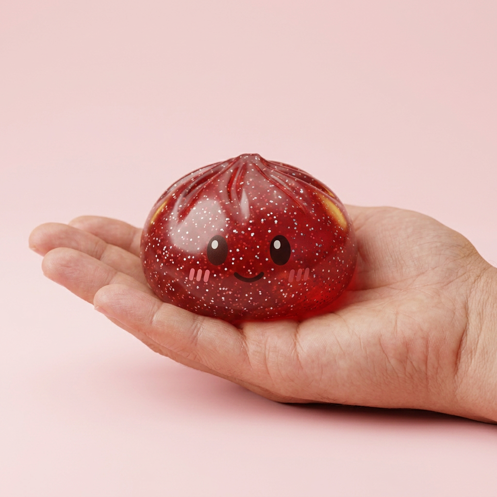 Glitter Dumpling Squishy Rojo Suerte en la mano, tamaño real