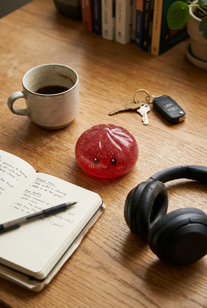 Glitter Dumpling Squishy Rojo Suerte en un escritorio