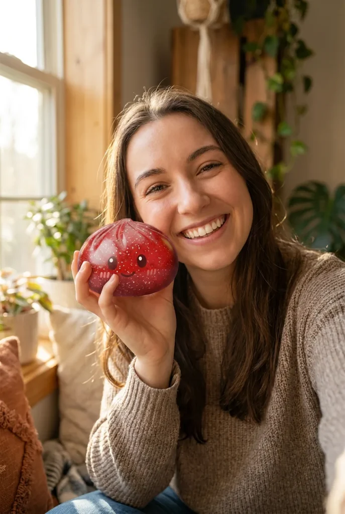 Glitter Dumpling Squishy Rojo Suerte cerca de la cara