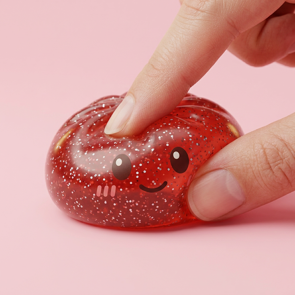 Glitter Dumpling Squishy Rojo Suerte — efecto slow-rise, la espuma recupera su forma