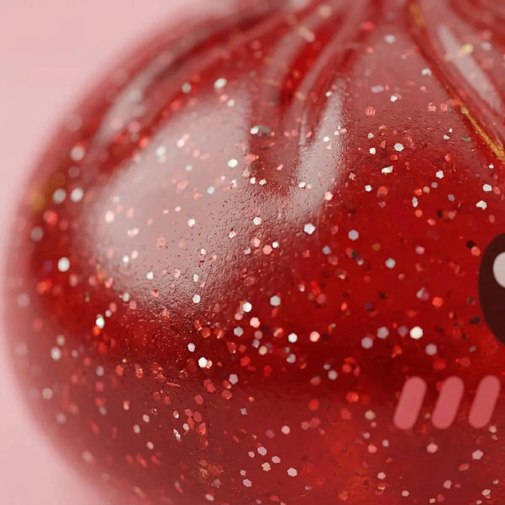 Glitter Dumpling Squishy Rojo Suerte — primer plano macro de la textura