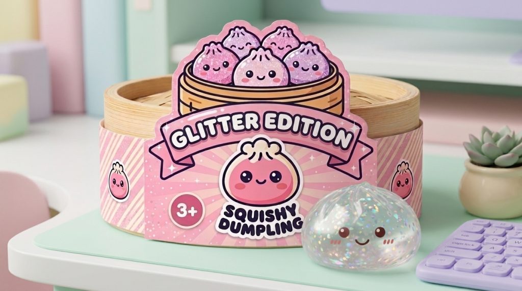 Glitter Dumpling Squishy Plata en un ambiente de escritorio