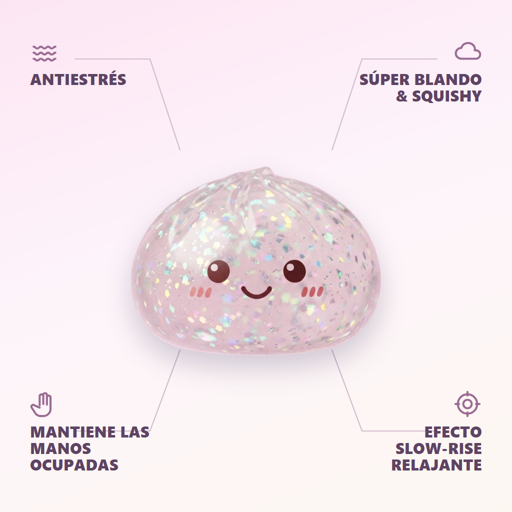 Glitter Dumpling Squishy Plata — antiestrés, ultra blando, efecto slow-rise