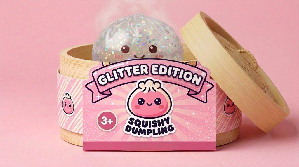 Glitter Dumpling Squishy Plata en su cesta de vapor de bambú