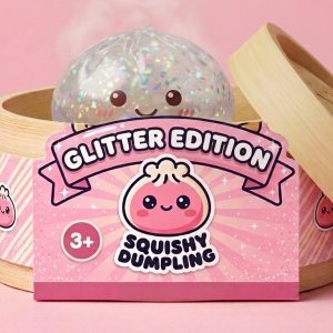 Glitter Dumpling Squishy Plata en su cesta de vapor de bambú