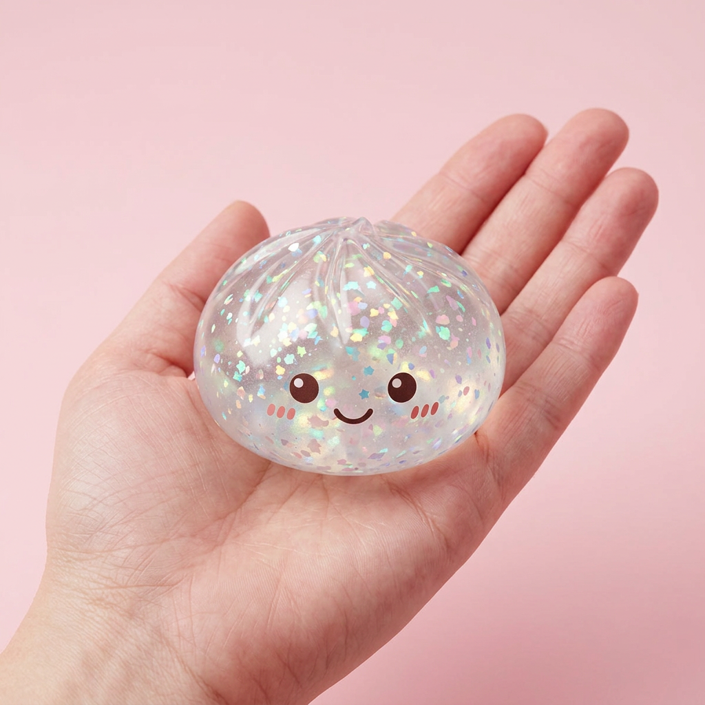 Glitter Dumpling Squishy Plata en la mano, tamaño real