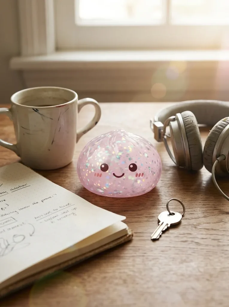 Glitter Dumpling Squishy Plata en un escritorio
