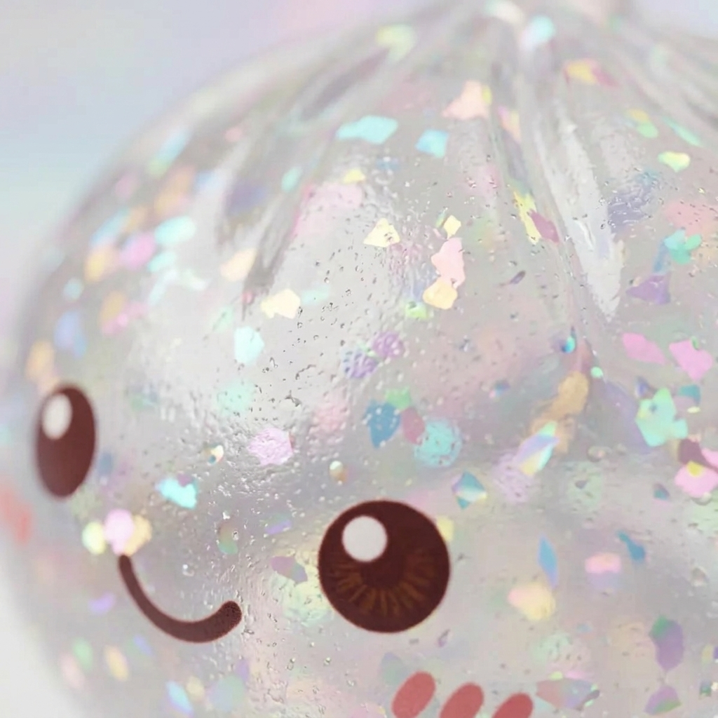 Glitter Dumpling Squishy Plata — primer plano macro de la textura