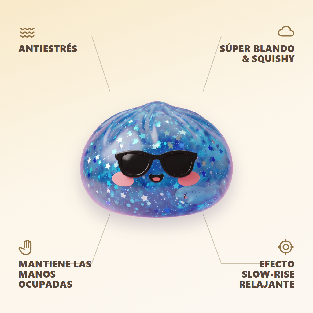 Sunglasses Dumpling Squishy Sparkle Azul — antiestrés, ultra blando, efecto slow-rise