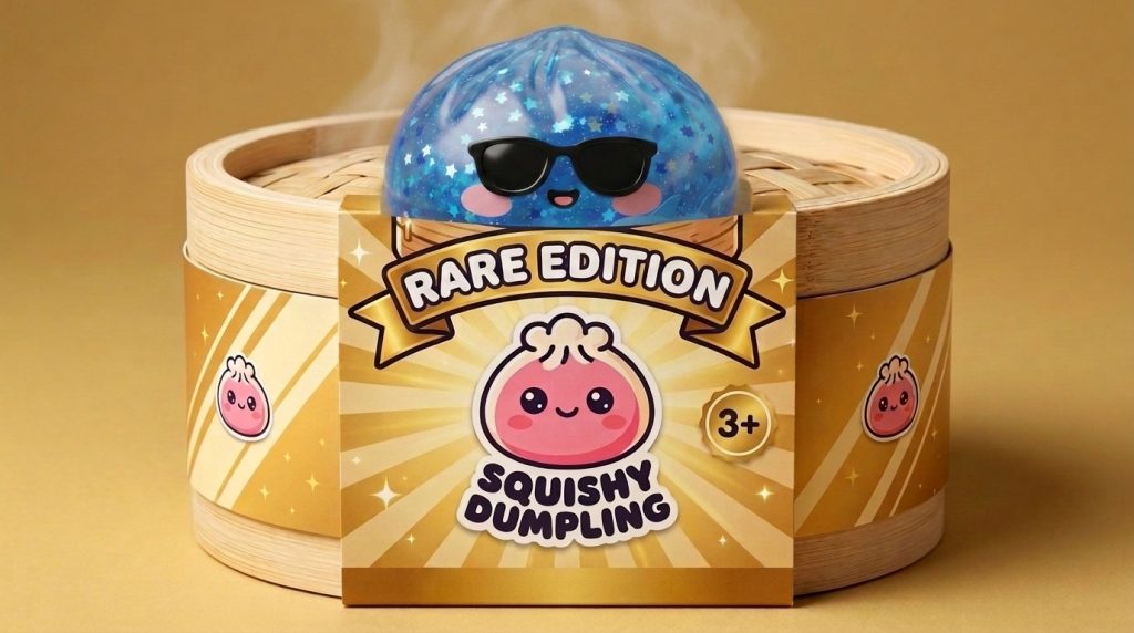 Sunglasses Dumpling Squishy Sparkle Azul en su cesta de vapor de bambú
