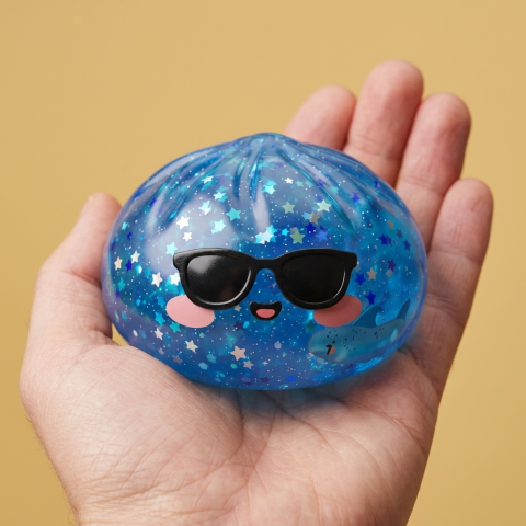 Sunglasses Dumpling Squishy Sparkle Azul en la mano, tamaño real
