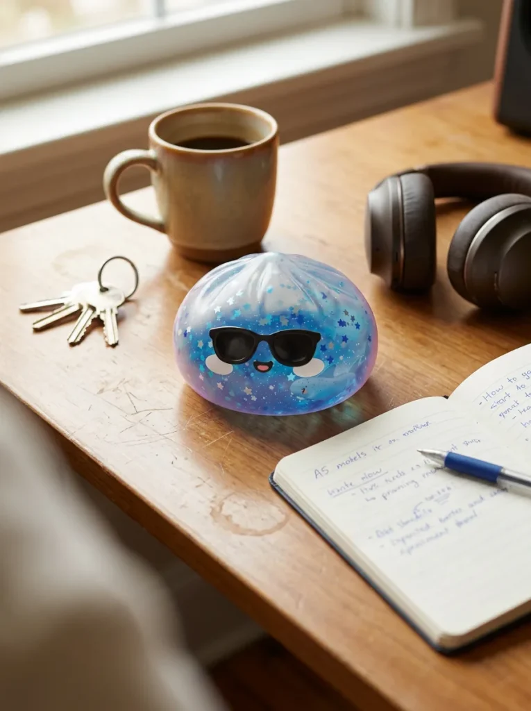 Sunglasses Dumpling Squishy Sparkle Azul en un escritorio