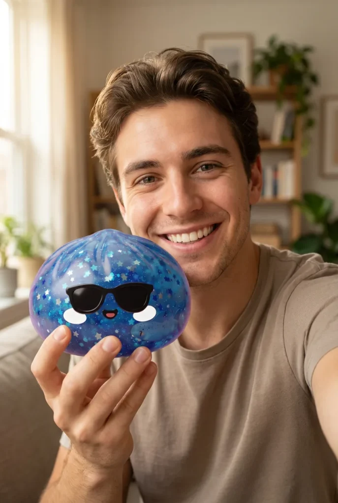 Sunglasses Dumpling Squishy Sparkle Azul cerca de la cara