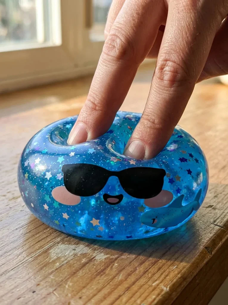 Sunglasses Dumpling Squishy Sparkle Azul apretado entre los dedos