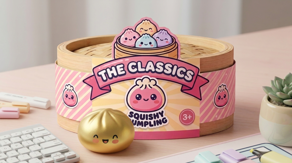 Dumpling Squishy Dorado Lucky en un ambiente de escritorio