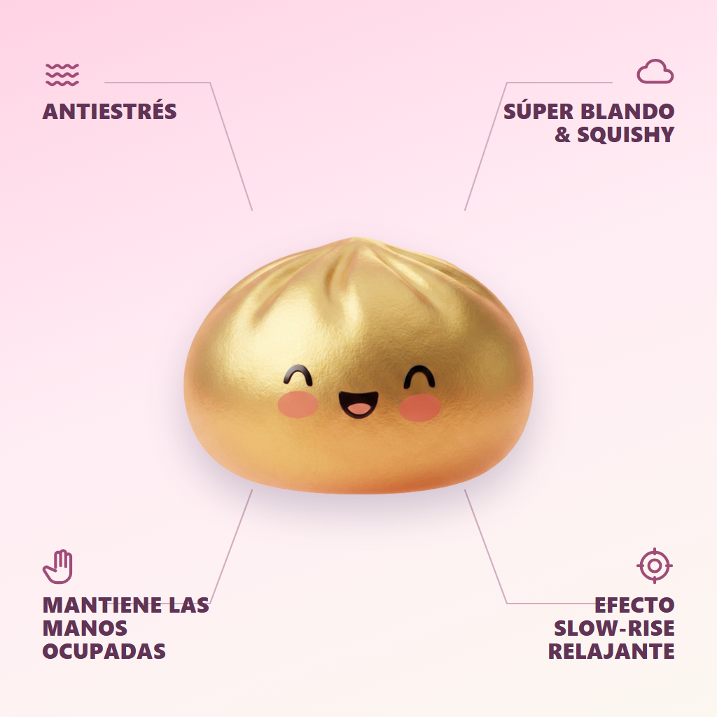 Dumpling Squishy Dorado Lucky — antiestrés, ultra blando, efecto slow-rise
