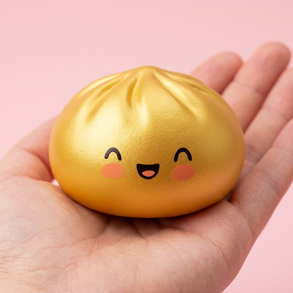 Dumpling Squishy Dorado Lucky en la mano, tamaño real