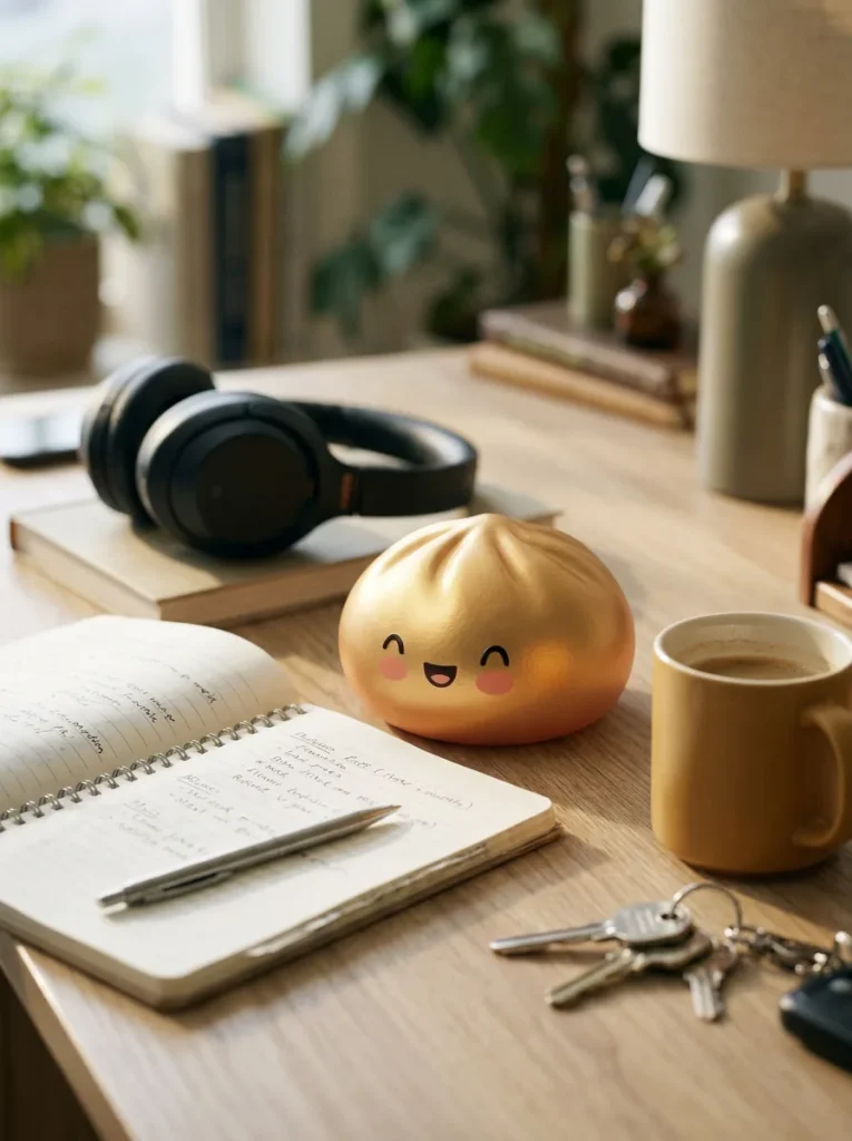 Dumpling Squishy Dorado Lucky en un escritorio