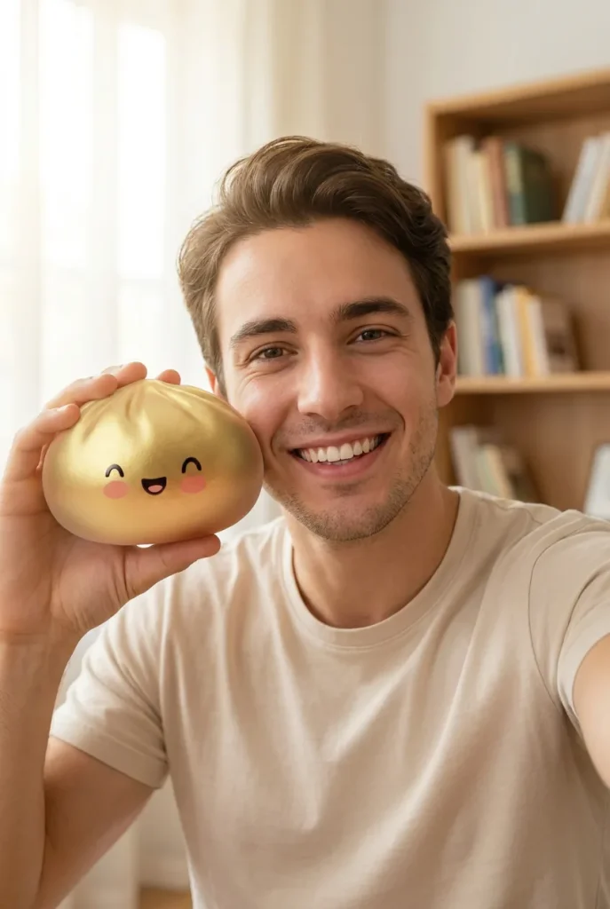 Dumpling Squishy Dorado Lucky cerca de la cara