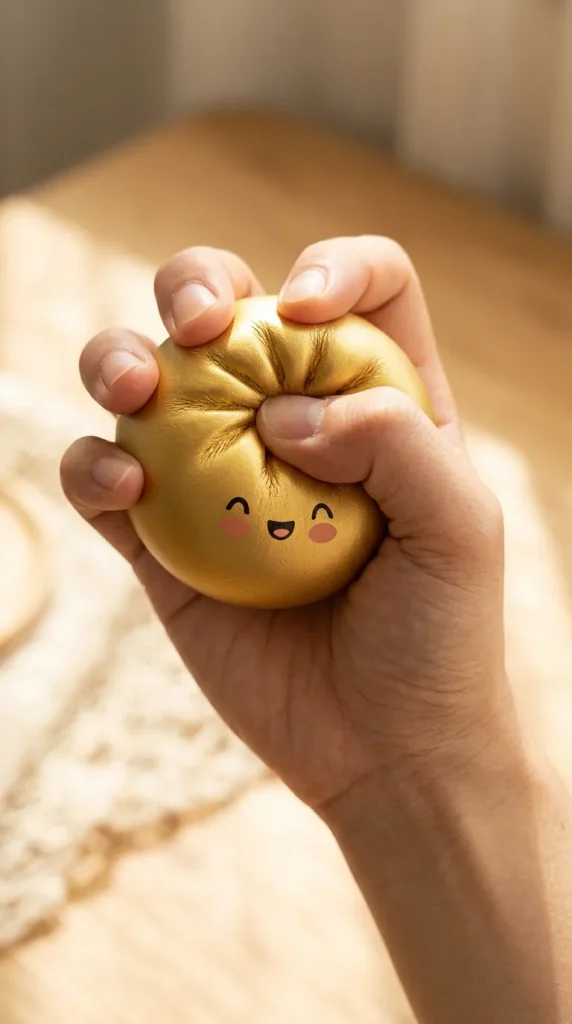 Dumpling Squishy Dorado Lucky apretado entre los dedos