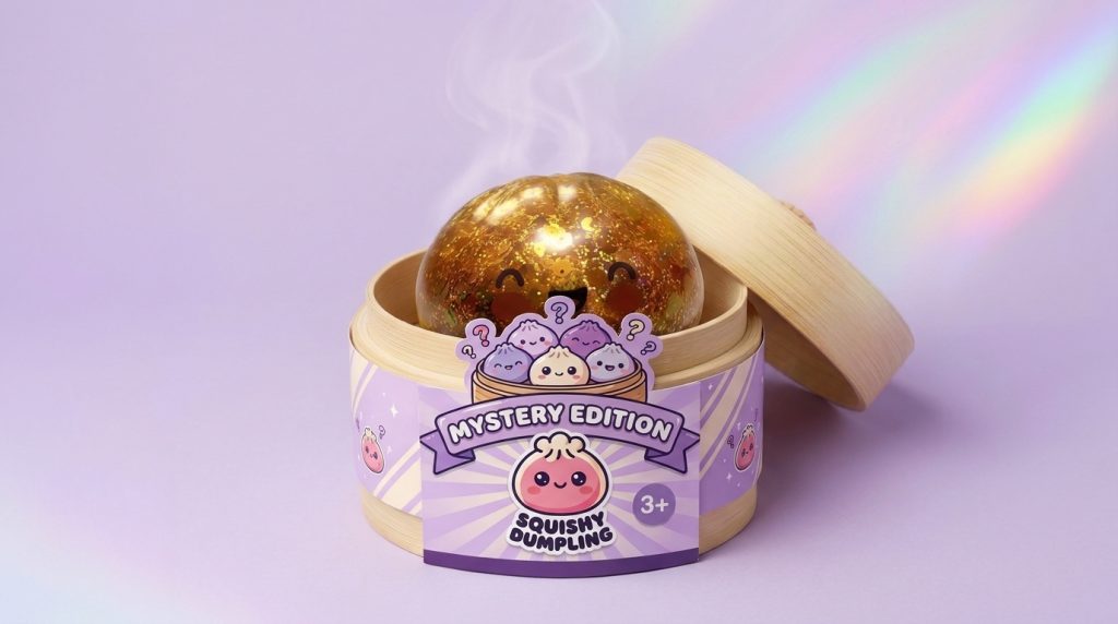 Squishy Bun Mystery Dumpling Sorpresa en su cesta de vapor de bambú
