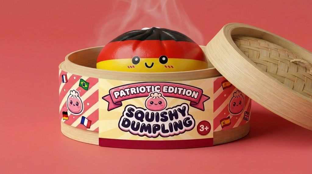 Flag Squishy Toy Dumpling Alemania en su cesta de vapor de bambú