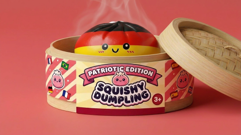 Flag Squishy Toy Dumpling Alemania en su cesta de vapor de bambú