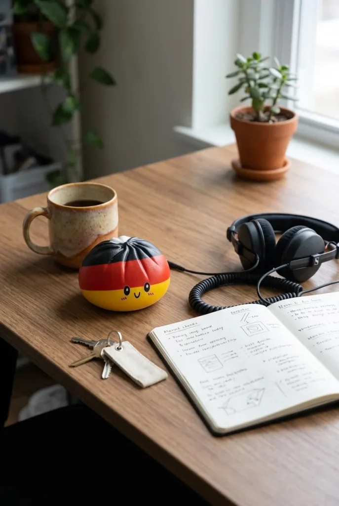 Flag Squishy Toy Dumpling Alemania en un escritorio