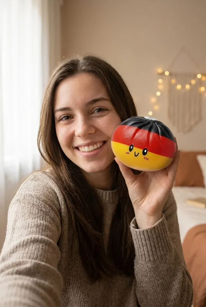 Flag Squishy Toy Dumpling Alemania cerca de la cara